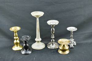 lot 290 image: 6 Metal & Ceramic Candlesticks
