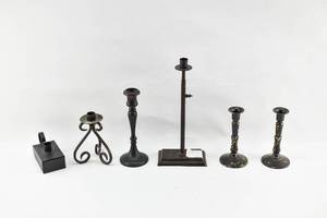 lot 291 image: 6 Matte Black Metal Candlesticks