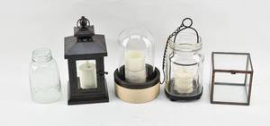 lot 294 image: 3 Small White Flameless Candles with Glass & Metal Holders
