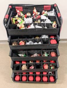lot 41 image: 75 Balsam Hill Holiday Ornaments and Storage Case