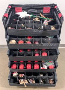 lot 42 image: 75 Balsam Hill Holiday Ornaments and Storage Case