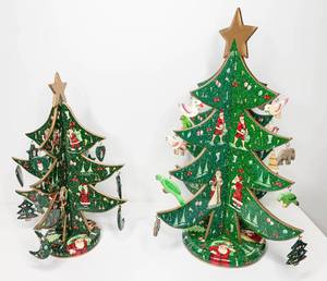 lot 44 image: 2 Painted Wood Standing Christmas Trees with Ornaments