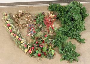 lot 207 image: Variety of Fake Pine Centerpieces, Pine Garland, and Winter Florals