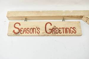 lot 40 image: Seasons Greetings Wooden Outdoor Swinging Sign Post