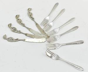 lot 19 image: 4 Italian Dragon Handle Cheese Knives & 6 Sheffield Silverplate Pastry Forks