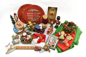 lot 203 image: 30 Assorted Christmas Decorations Statues, Signs, Tree Skirts, Ornaments, Wreaths and More