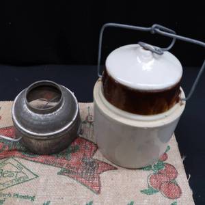 lot 51 image: CROCK WITH LID AND METAL SEAL WITH FLOUR SIFTER