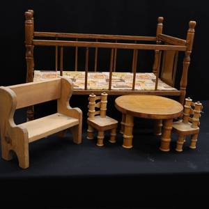lot 80 image: VINTAGE DOLL CRADLE AND TABLE AND CHAIRS