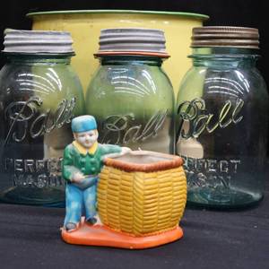 lot 26 image: ENAMEL WARE POT WITH VINTAGE BLUE BALL JARS AND LIDS