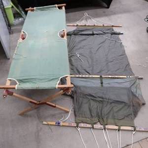lot 90 image: ENCLOSED HAMMOCK WITH INSECT NETTING AND VINTAGE COT