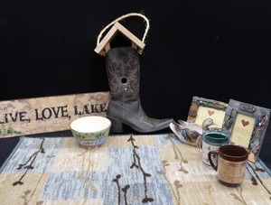 lot 97 image: COWBOY BOOT BIRD HOUSE AND  METAL LIVE LOVE LAKE SIGN