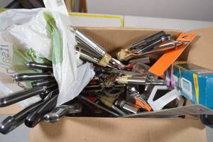Box of Assorted New Kitchenware New Knives, Ladles, Tongs, Mixer, Etc.