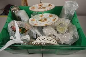 Bin of Assorted Glass, China, Ceramic, Metal Tablewear and Decorations