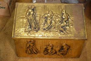Decorative Renaissance Style Brass Relief Box with Cherubs and Wicker Basket