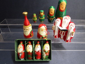 Wooden Barefoot Santas, Bells, Nesting Doll