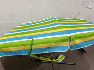 lot 261 image: Duerer 8.5 ft Green Stripe Outdoor Tilt Beach Umbrella with Anchor & Carry Bag