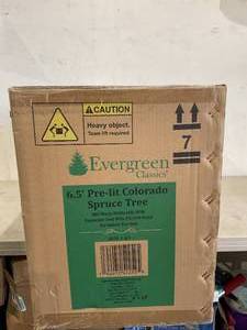 lot 157 image: Evergreen Classics 6.5 ft Pre-Lit Colorado Spruce Artificial Christmas Tree, Warm White LED Lights