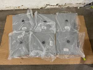 lot 402 image: LOT OF 6 Tommy Docks 14 in. Square Gray Polyester Powder Coated 9-Gauge Steel Muck Footpad for Dock Post Pipes in Boat Dock Systems