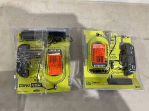 lot 181 image: LOT OF 2 - RYOBI ONE 18V Lithium-Ion 2.0 Ah Compact Battery and Charger Starter Kit