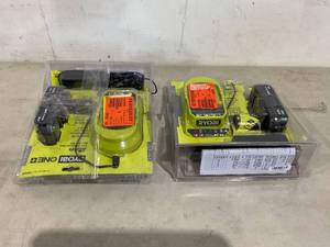lot 182 image: LOT OF 2 - RYOBI ONE 18V Lithium-Ion 2.0 Ah Compact Battery and Charger Starter Kit