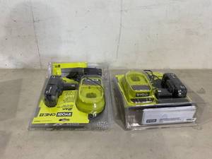 lot 184 image: LOT OF 2 - RYOBI ONE 18V Lithium-Ion 2.0 Ah Compact Battery and Charger Starter Kit