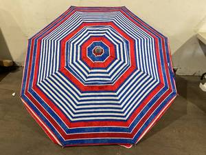 lot 419 image: Wikiwiki 6.5FT Blue & Red Striped Portable Beach Umbrella for Sand with SPF50 Protection and Sand Anchor