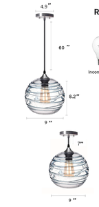 lot 404 image: ARIAMOTION Blue Stripe Hand Blown Seeded Glass Coastal Style 1-Light Pendant Fixture