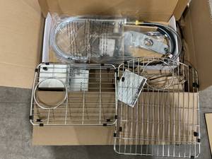 lot 442 image: Elkay Quartz Classic Offset 6040 Double Bowl Undermount Sink Kit with Faucet with Aqua Divide, Mocha
