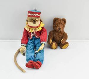 lot 71 image: Vintage Stuffed Circus Monkey Doll & Teddy Bear