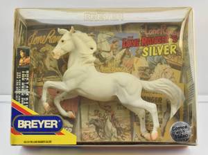 lot 96 image: Vintage Breyer Horse The Lone Rangers Silver No. 574 with VHS Tape, Original Box