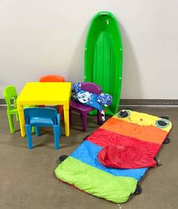 lot 138 image: Kids Table & Chairs, Sled, Sleeping Bag, and Life Vest