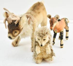 lot 132 image: 3 Steiff Germany Vintage Stuffed Animals c. 1960s Hedgehog, Okapi, Reindeer