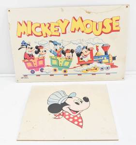 lot 123 image: Mickey Mouse and Friends Train Sign and Conductor Mickey Sign