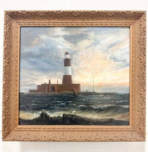 lot 20 image: Antique Oil Painting Illegibly Signed Lighthouse
