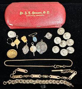 lot 110 image: Group of Jewelry and Pins Including a Lovely Victorian Watch Fob