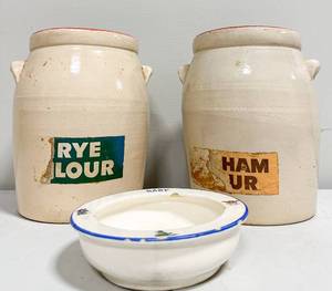 lot 136 image: Two Country Flour Jars and a vintage Childrens Bowl