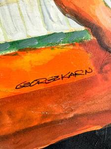 lot 207 image: George Karn Oil on Board Painting of Man Playing Piano