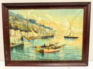 lot 210 image: Illegibly Signed Oil on Canvas Painting Coastal Scene
