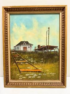 lot 221 image: E. Woodson Signed Oil on Canvas Painting Farm in a Field