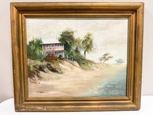 lot 217 image: C. Fosse Signed Oil on Canvas Painting of a Home on the Beach
