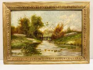 lot 219 image: Antique Oil on Canvas Painting Landscape with Pond