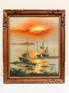 lot 222 image: L. Hyoung Lee Oil on Canvas Painting of Ships in the Water During Dusk