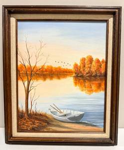 lot 229 image: Betti Haskins Signed Landscape Painting of a Boat and Lake Oil on Canvas