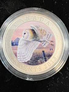 2013 CANADIAN PROOF 25 CENT COLORED BARN OWL