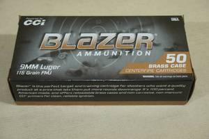 lot 164 image: 50 CCI Blazer Brass 9mm Luger 115 Gr FMJ Ammo