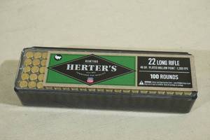 lot 187 image: 100 Herters 22 LR 40 Gr Plated HP Ammo
