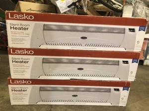 lot 9 image: Lot of 3 Lasko Low Profile 1500-Watt Electric Silent Room Space Heater with Digital Display and Tip-Over Safety Switch, White Customer Returns See Pictures