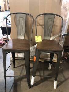lot 36 image: StyleWell Finwick Matte Gunmetal Backed Bar Stool with Dark Wood Seat (Set of 2)  Customer Returns See Pictures