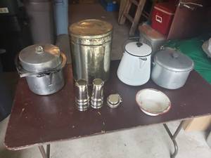 lot 130 image: Vintage Pots, Metal Cups, Enamelware Coffee Maker