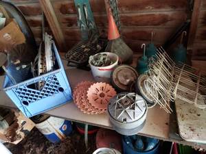 lot 209 image: All Items Pictured on Table and Vintage Skis